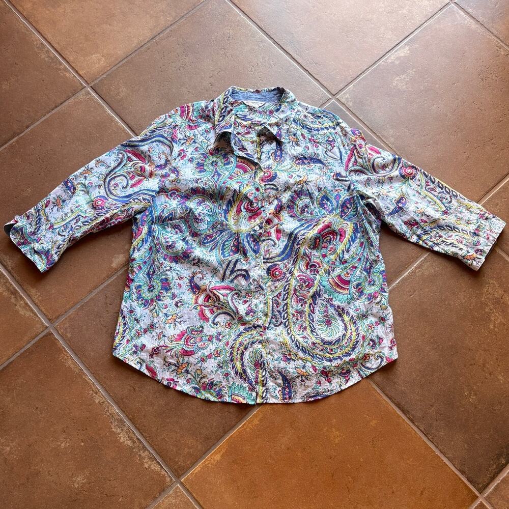 Allison Daley Plus Textured Cotton Paisley Button Up w Chambray Trim size 22W - Picture 11 of 12